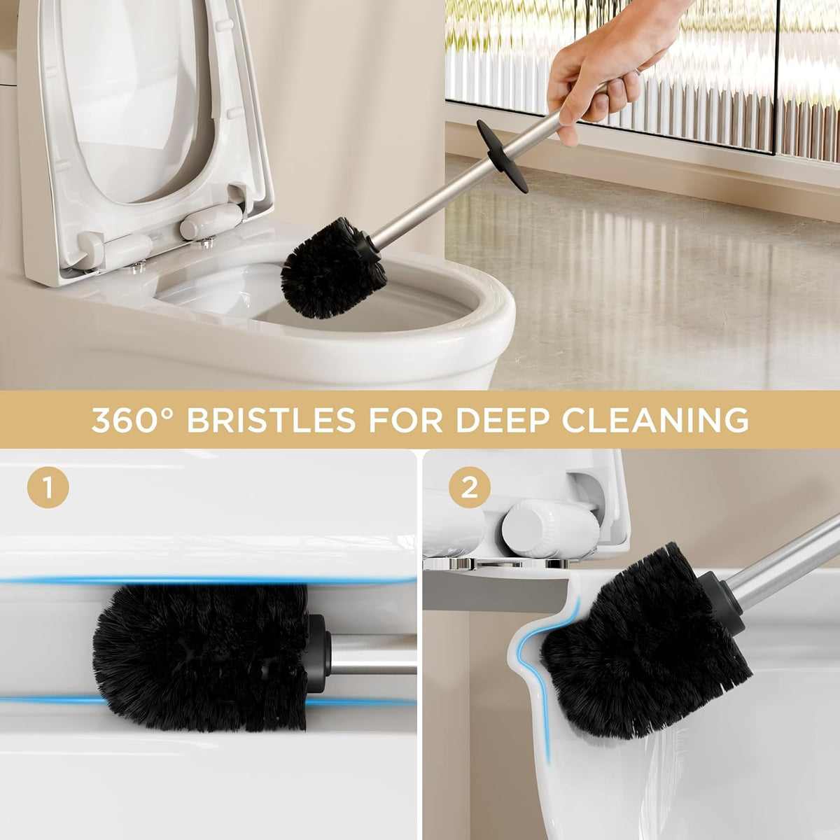 FORIOUS Toilet Brush and Holder Set, Heavy Duty 304 Stainless Steel Base Square and Long Handle for