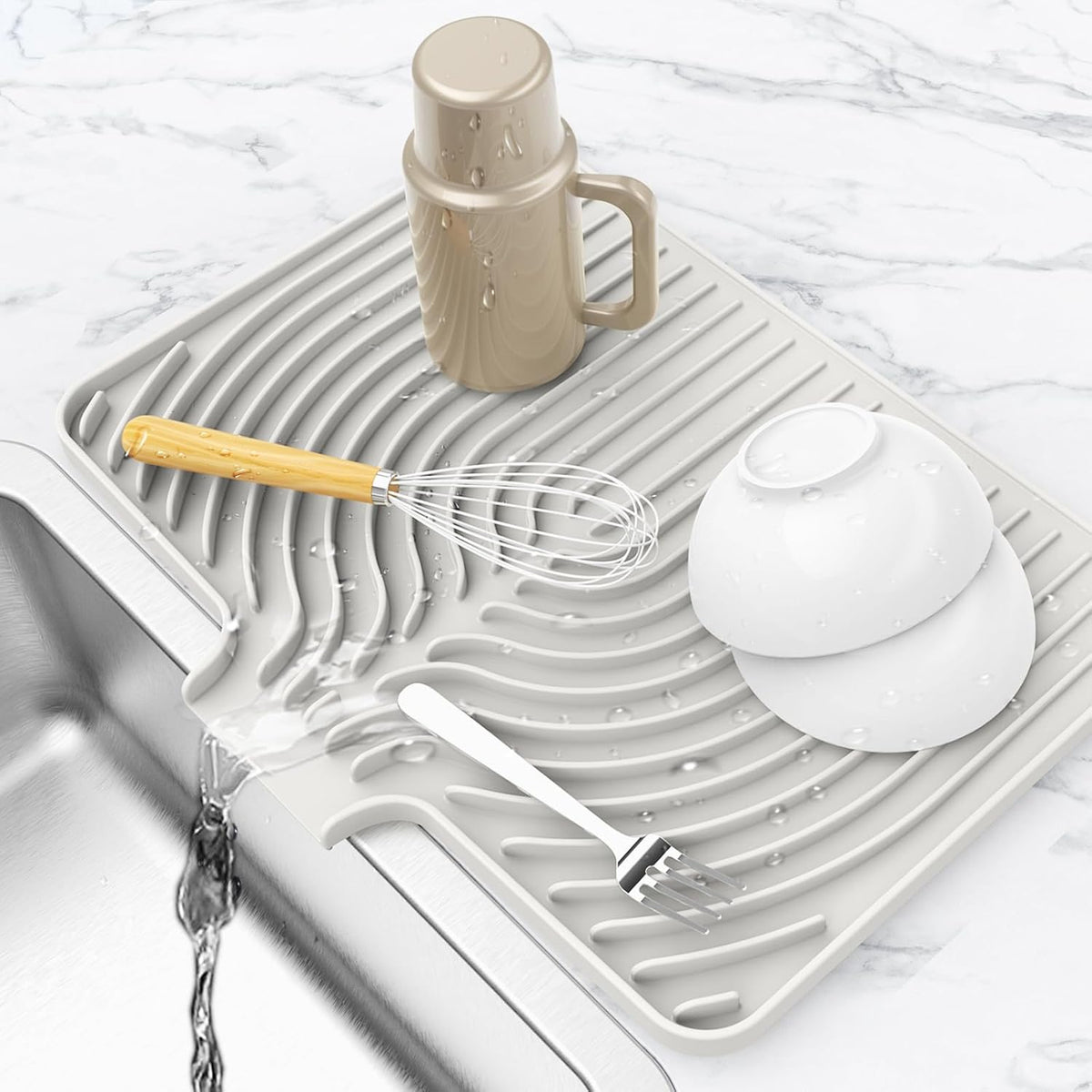 Dish Drying Matt for Kitchen Counter,18"×12"Silicone Dry Rack Mat with Built in Drain, Kitchen Dry
