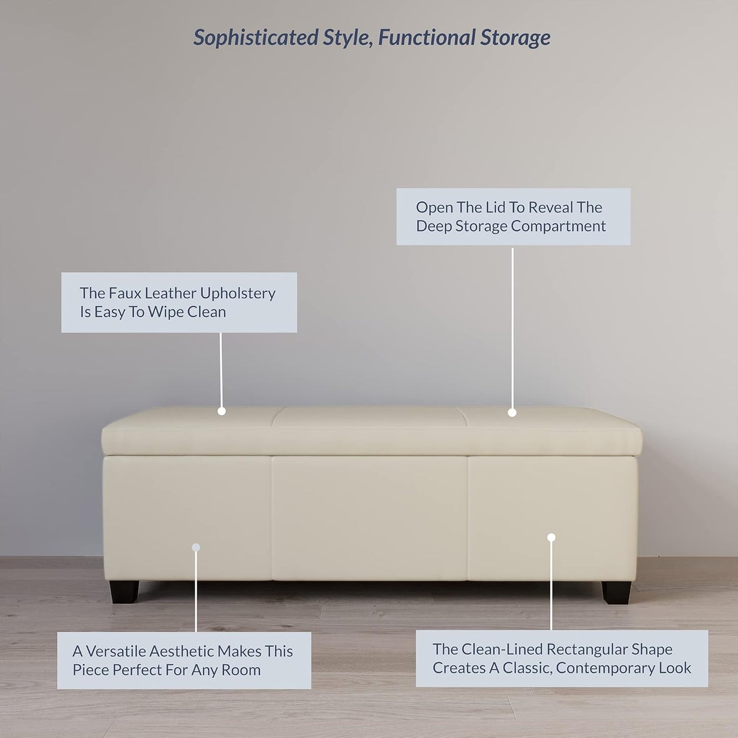 BELLEZE Storage Faux Leather Ottoman, 47 Inch Bench Bedroom Bench with Safety Close Hinge, Extra