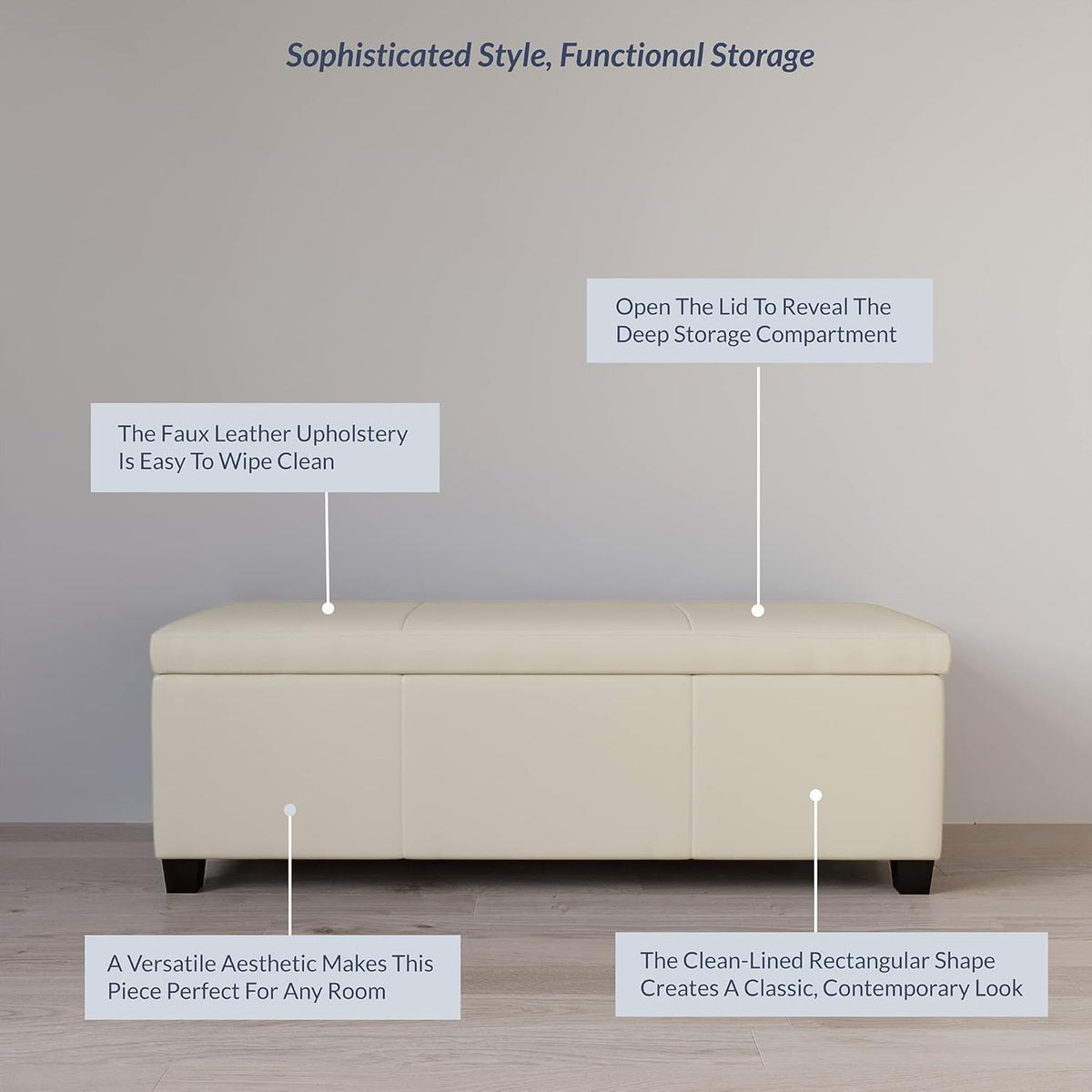 BELLEZE Storage Faux Leather Ottoman, 47 Inch Bench Bedroom Bench with Safety Close Hinge, Extra