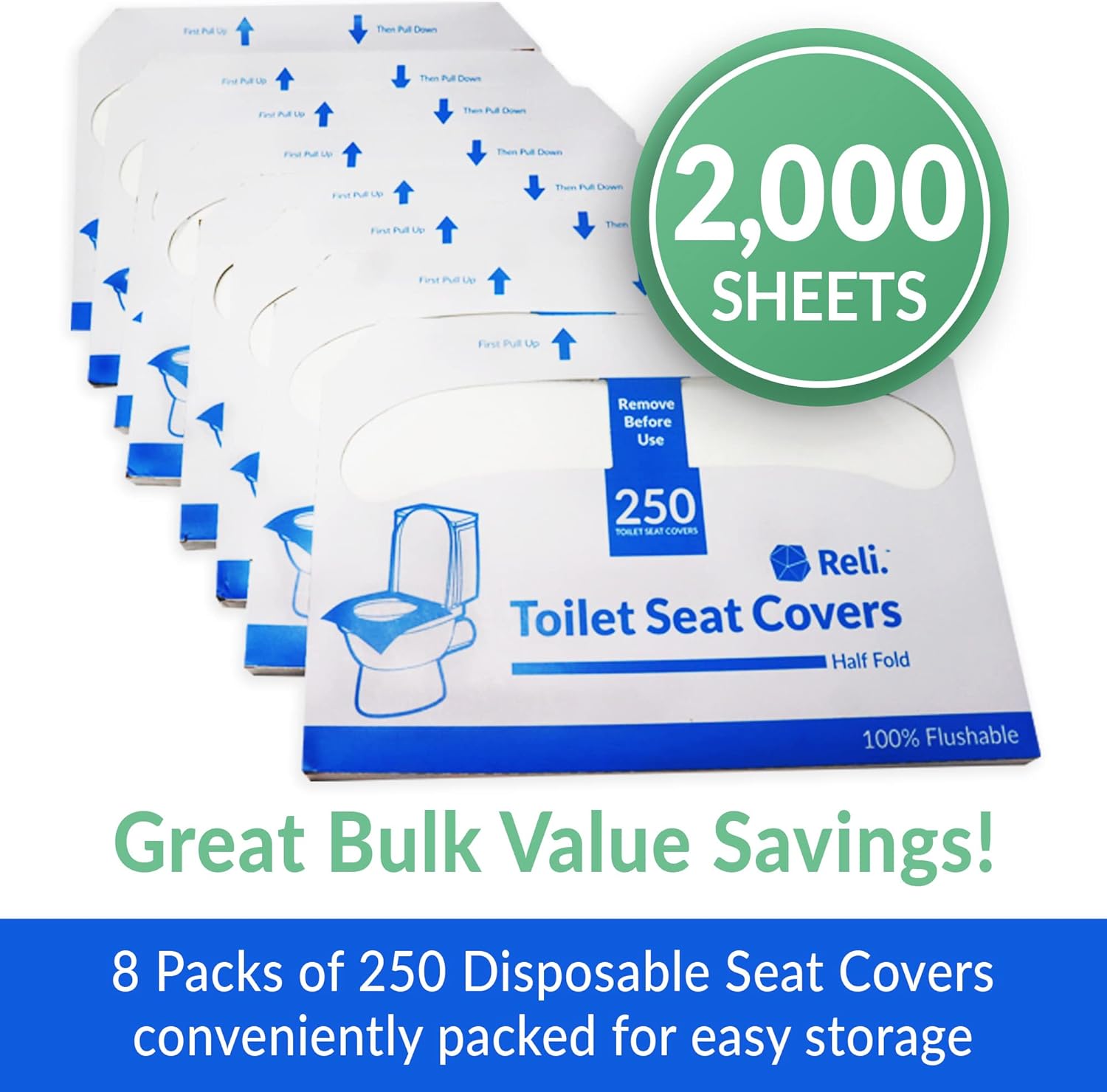 Reli. Toilet Seat Covers (2000 Pcs, 8 Packs of 250) | Disposable Toilet Seat Cover - Flushable
