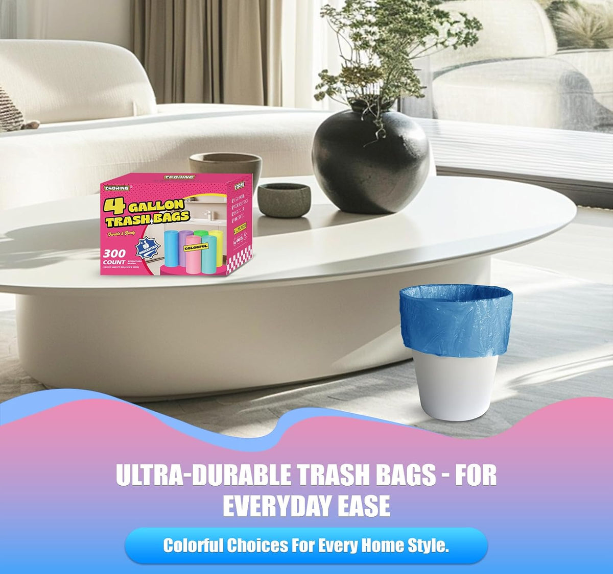 300 Count 4 Gallon Small Trash Bags - 15 Liter Colored Garbage Bags Unscented Wastebasket Liners
