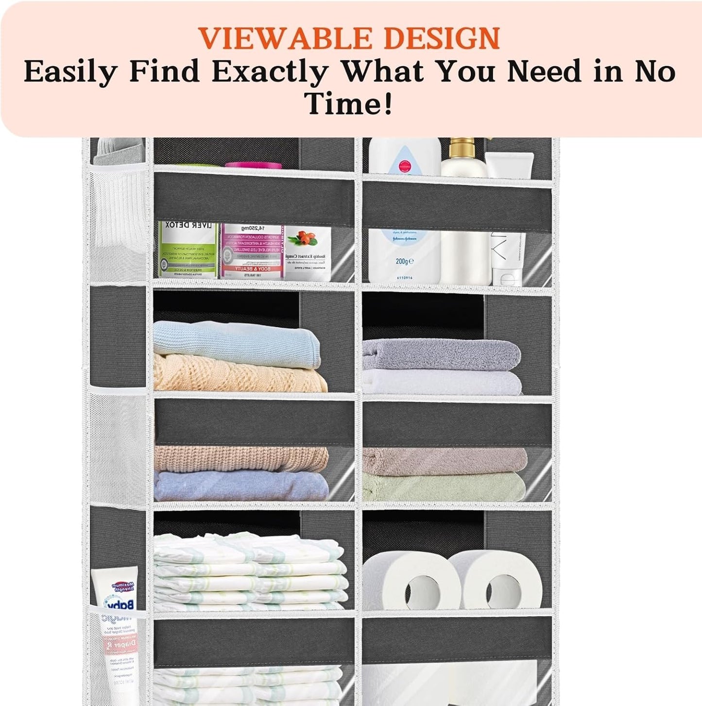Over the Door Organizer 6 Tiers, Extra Large Behind Door Storage of 12 Compartments, 80 lbs Weight
