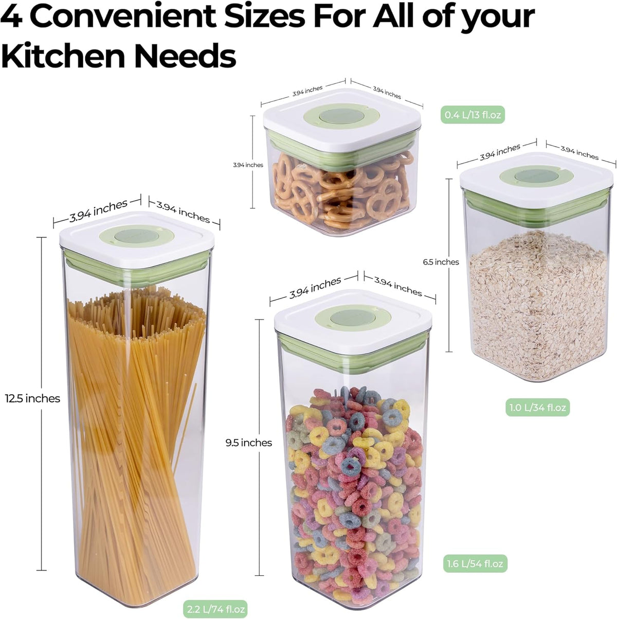 linoroso Set of 4 Pop Airtight Food Storage Containers with Date Recording Lids, Stackable Plastic