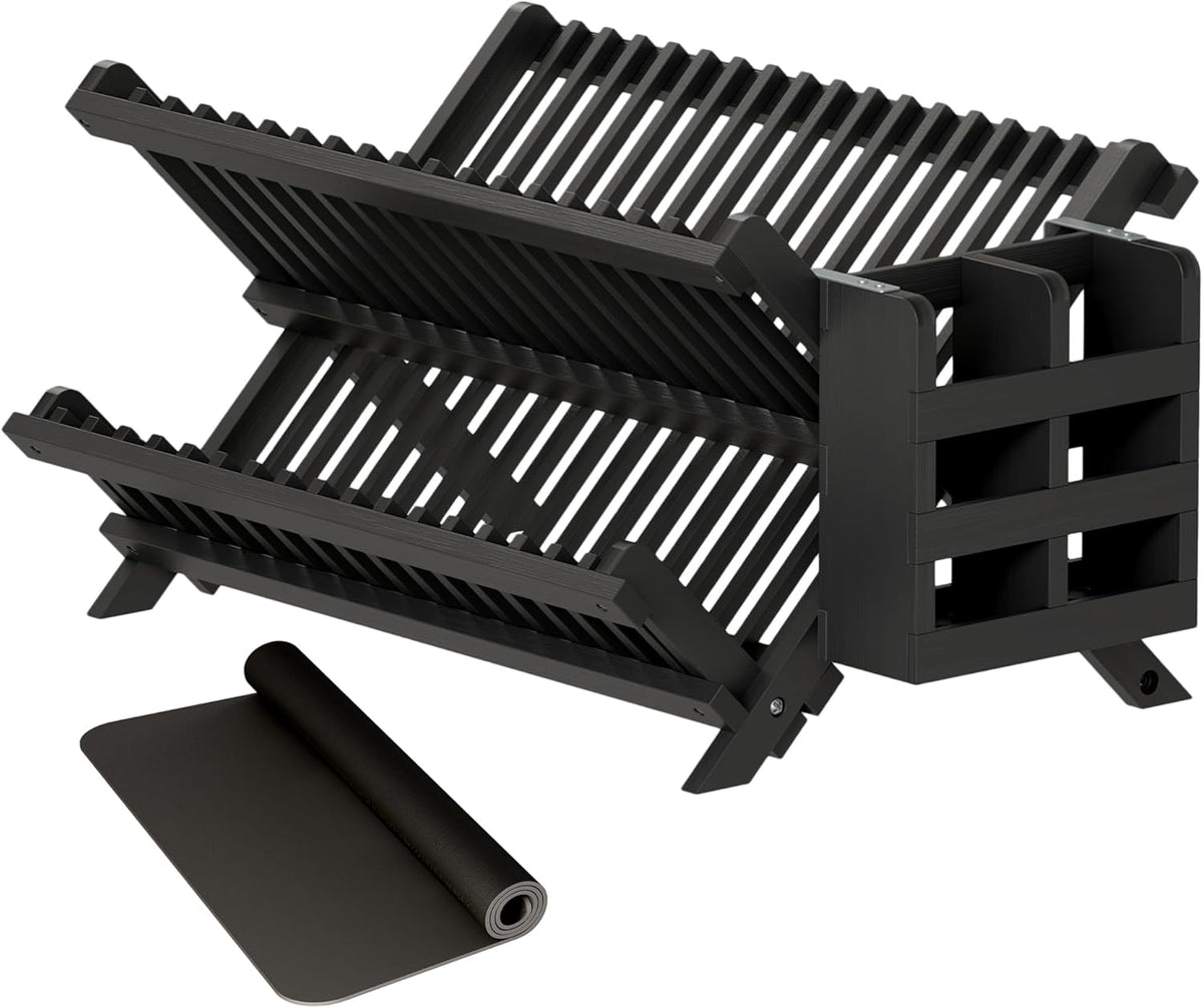 Greenual Black Bamboo Dish Drying Rack with Utensil Holder, 2 Tier Collapsible Dish Rack, Wooden