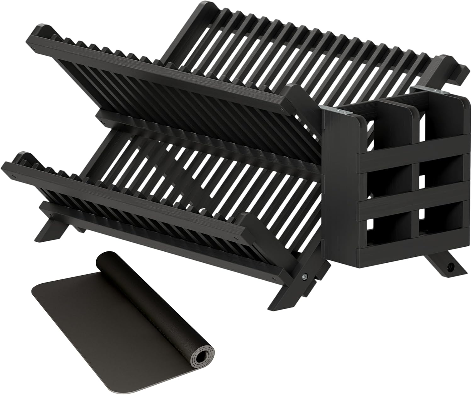 Greenual Black Bamboo Dish Drying Rack with Utensil Holder, 2 Tier Collapsible Dish Rack, Wooden