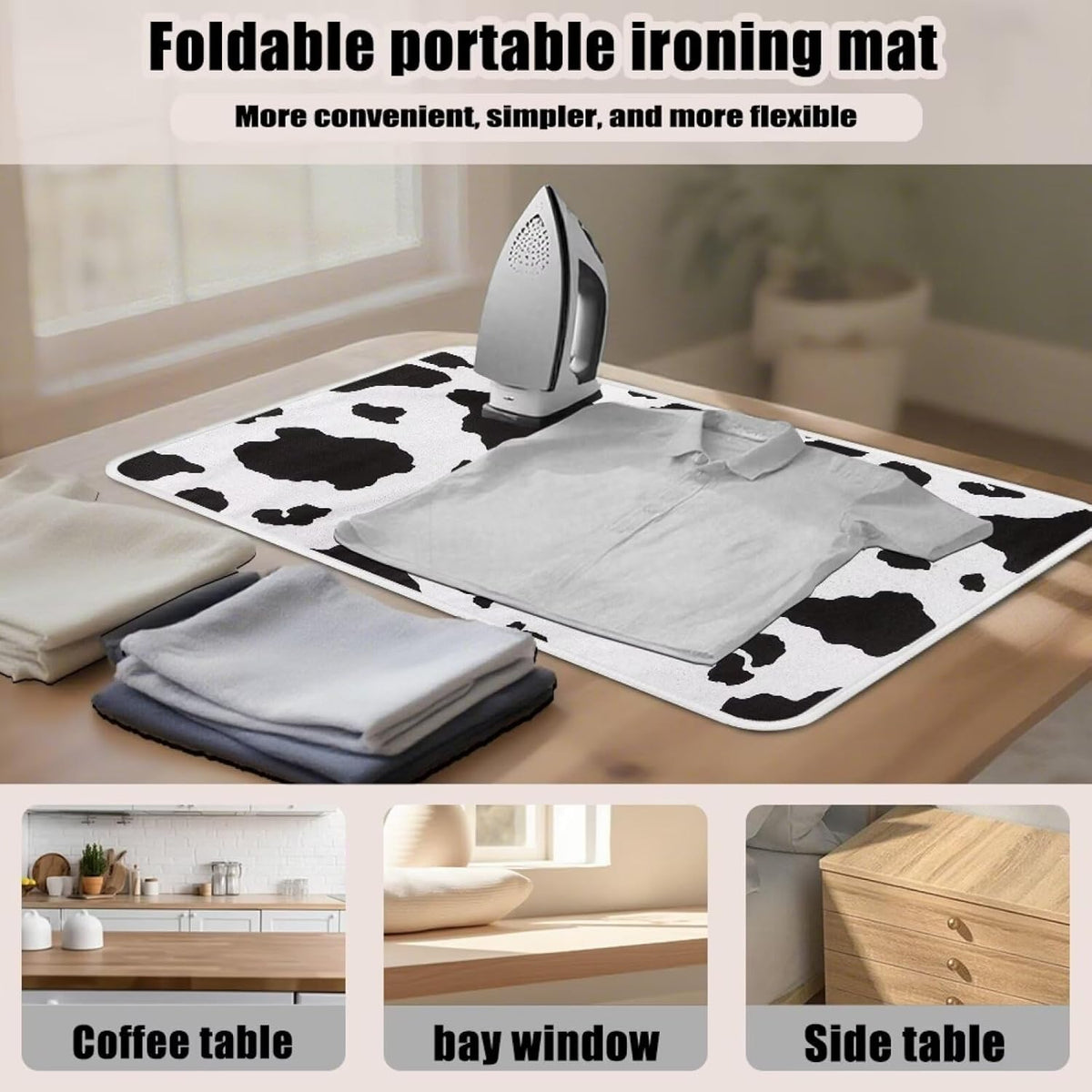 Cow Print Ironing Mat Portable Ironing Pad,Black and White 32 x 16 Inch Large Ironing Mat for Table