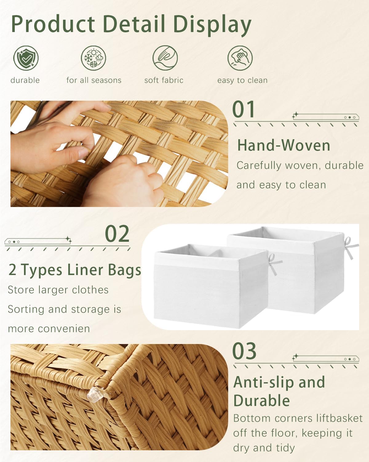Storage Basket with Lid Rattan Storage Basket with 2 Separate Lid, 27.8 Gallon (105 L) 25.2 * 15.4