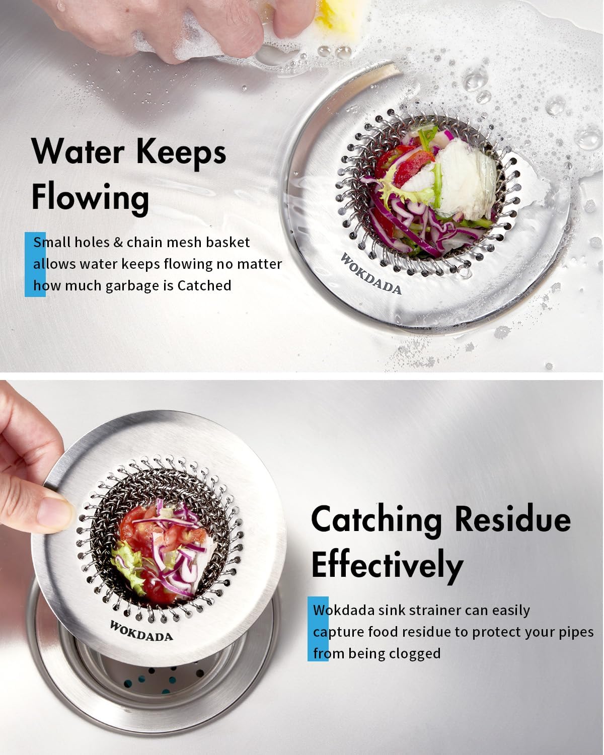 2 Pcs Sink Drain Strainer: Anti-Slip Flexible Chainlink, 304 Stainless Steel. Upgraded Clog-Free
