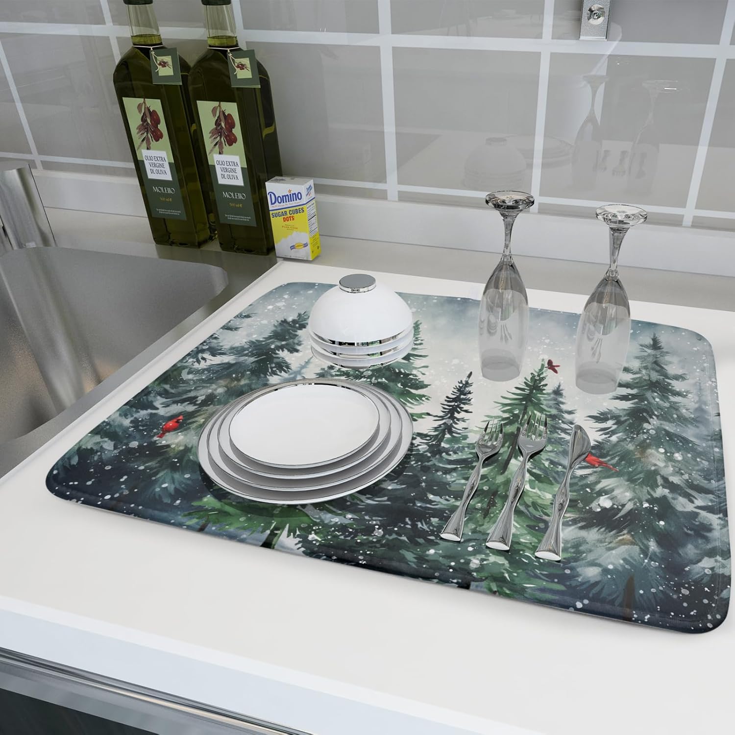 Christmas Tree Dish Drying Mat for Kitchen Counter Winter Pine Tree Dish Drying Mat 18x24 Inch Red