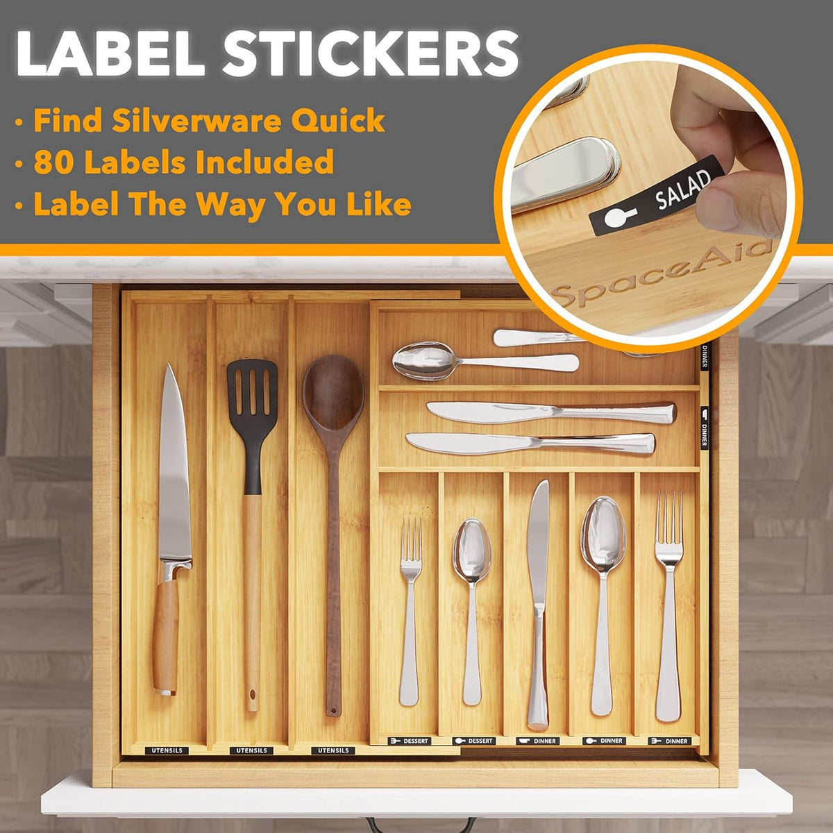 SpaceAid Bamboo Silverware Drawer Organizer with Labels, Kitchen Utensil Expandable Tray Holder