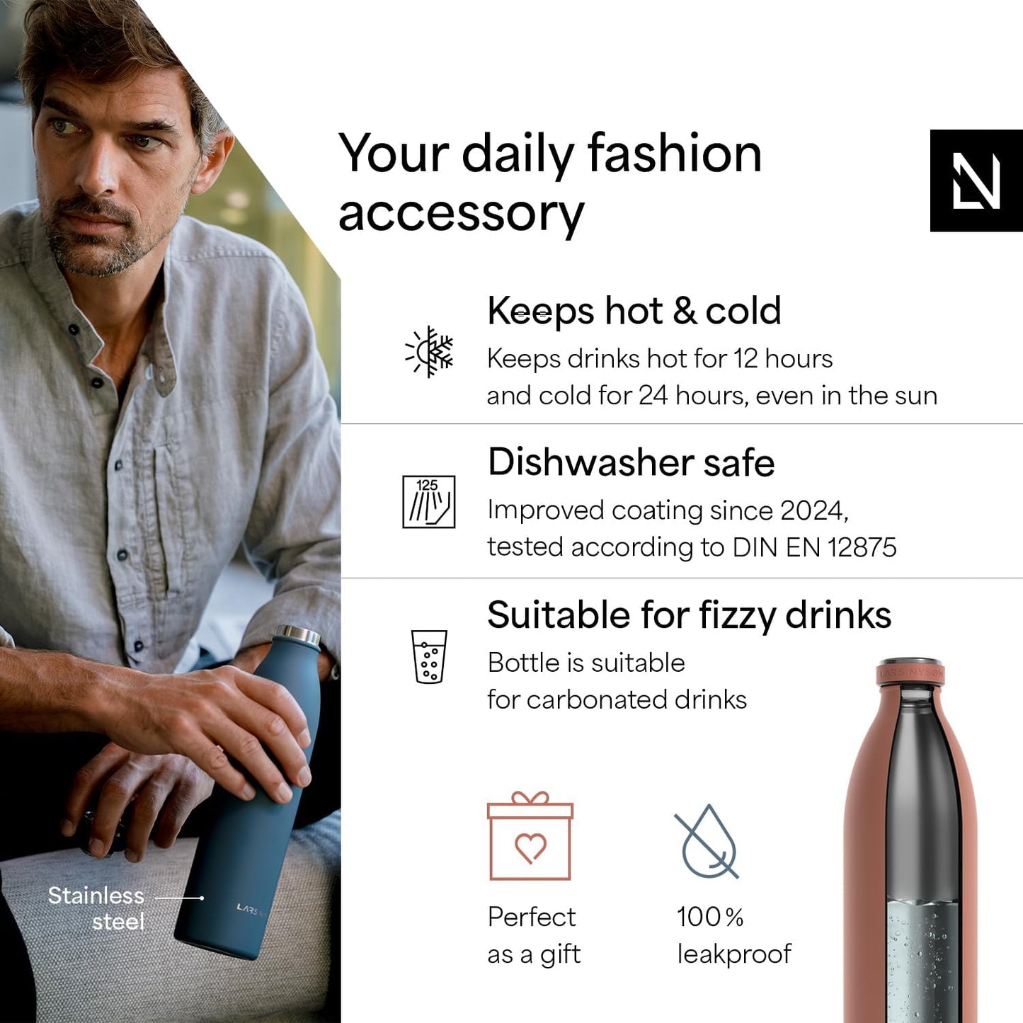 LARS NYSØM Stainless Steel Insulated XL Water Bottle 12oz 17oz 25oz 34oz 51oz | Insulated Thermo