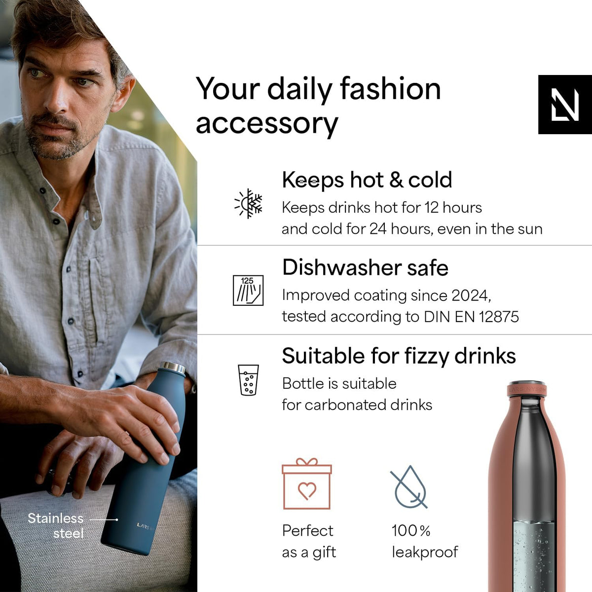 LARS NYSØM Stainless Steel Insulated XL Water Bottle 12oz 17oz 25oz 34oz 51oz | Insulated Thermo
