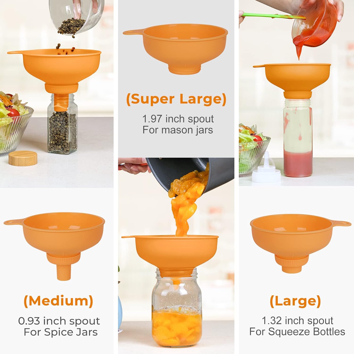 Wide Mouth Kitchen Funnel, Food Grade Plastic Cooking Canning Funnel with 4 Sizes Spouts for