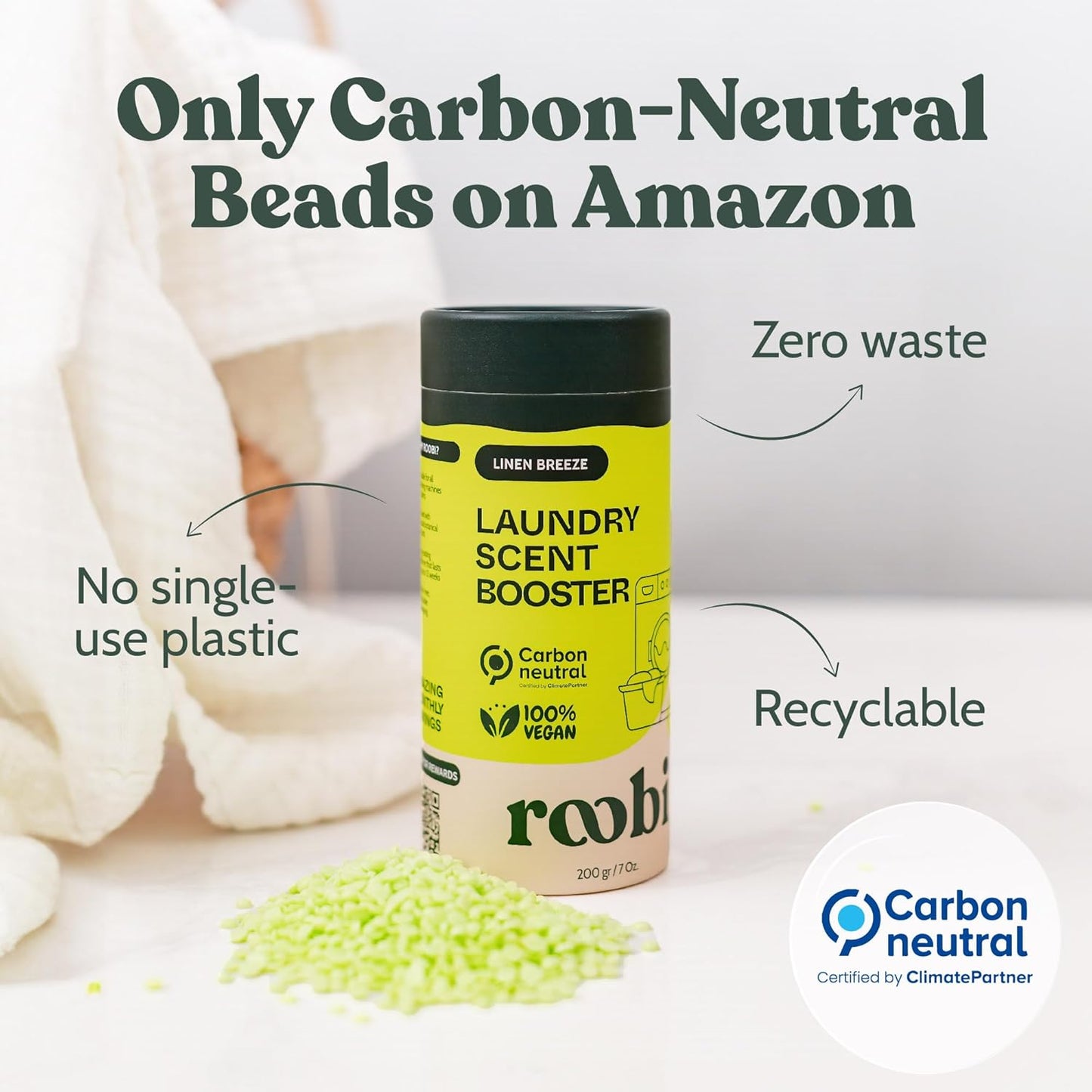 Roobi Sustainable Laundry Scent Booster Beads. Linen Breeze Fragrance Laundry Beads. Up to 20