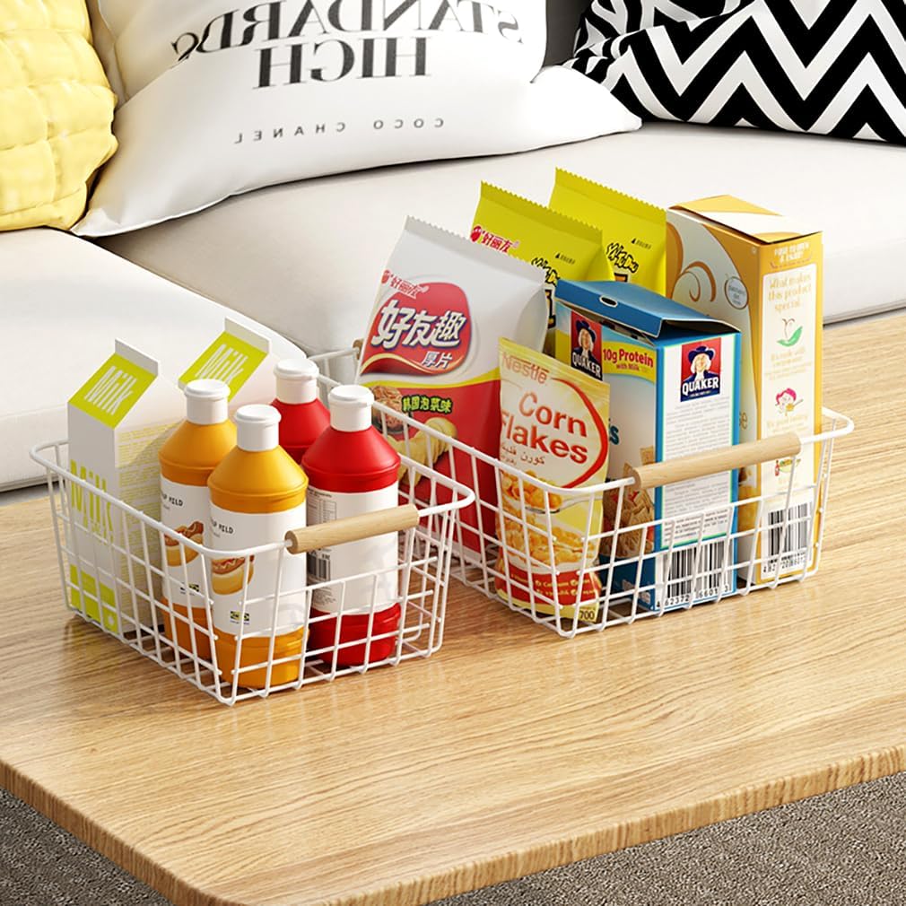 LeleCAT white wire baskets for organizing with Wooden Handles Storage Organizer Baskets, Household