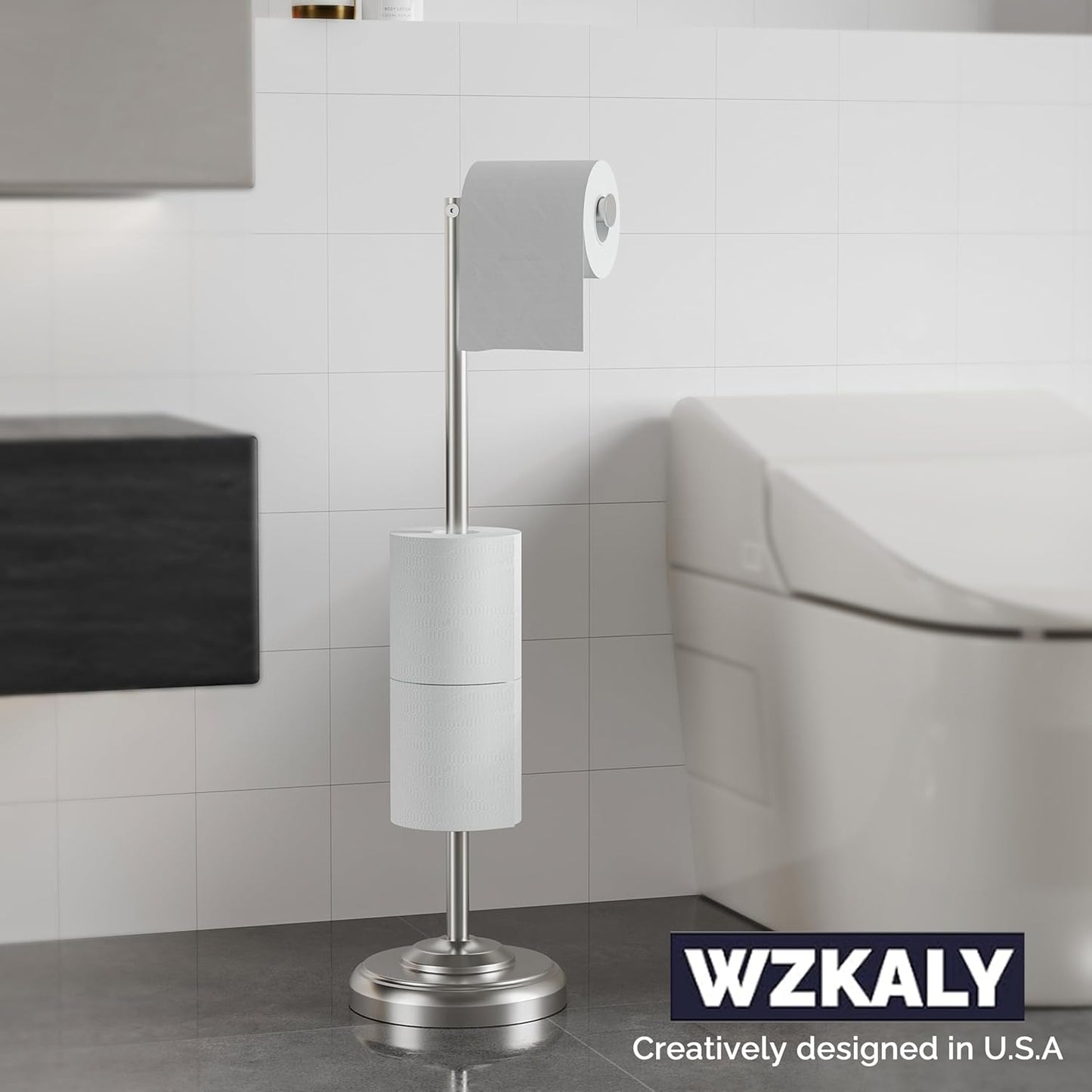 Toilet Paper Holder Stand with Storage – 4 Extra Rolls –Brushed Nickel Toilet Paper Holder for