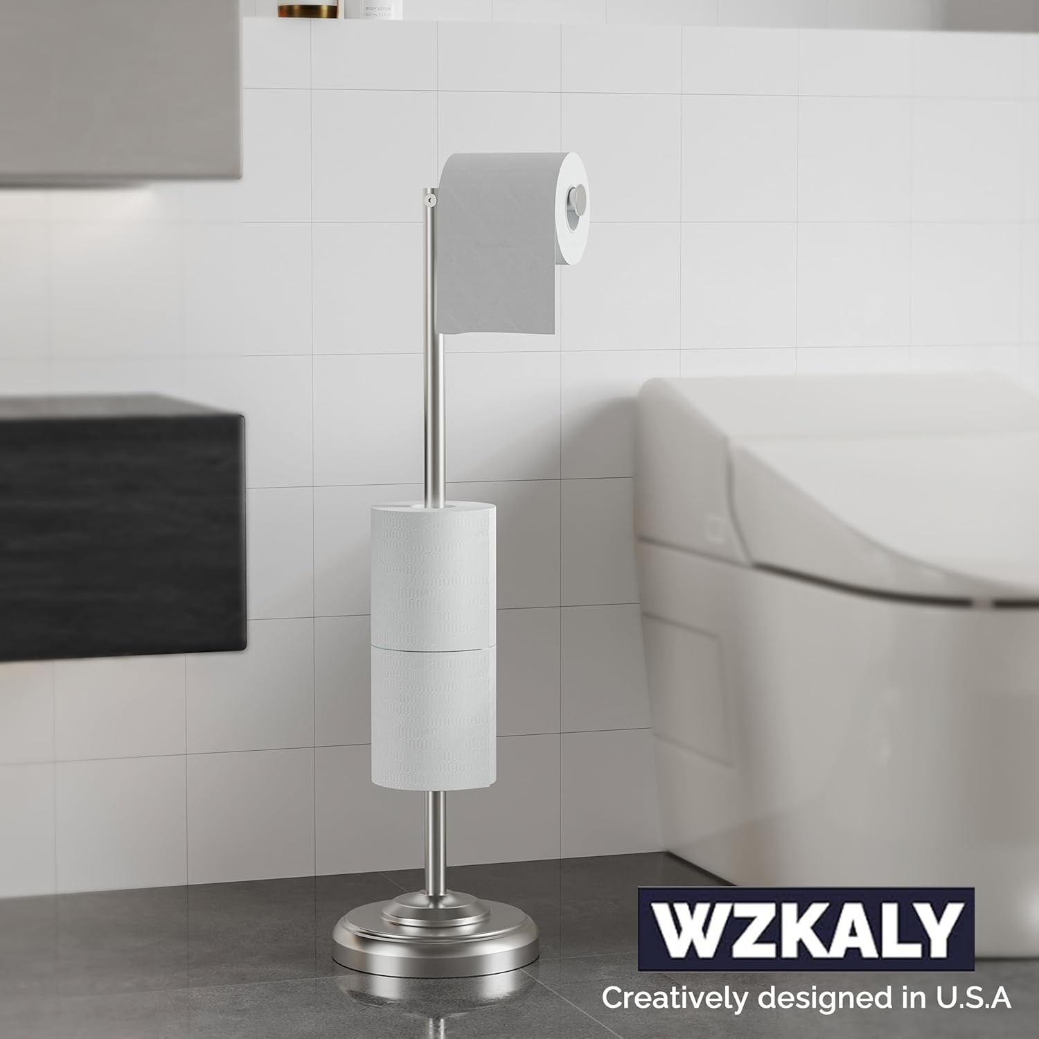 Toilet Paper Holder Stand with Storage – 4 Extra Rolls –Brushed Nickel Toilet Paper Holder for