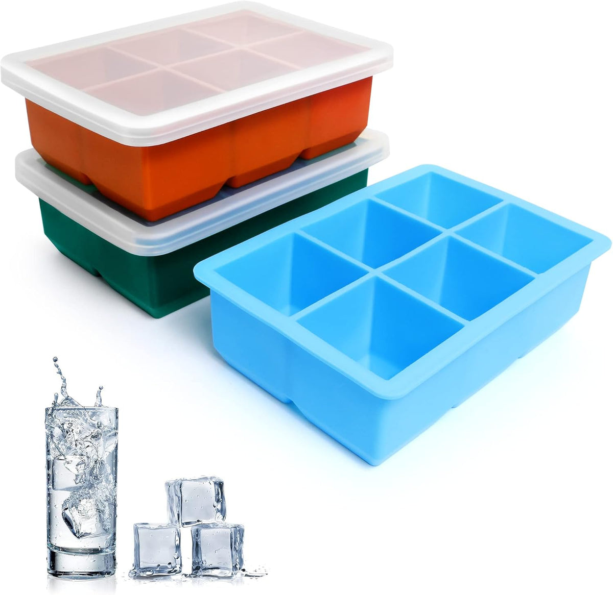 Silicone Ice Cube Trays 3 Pack - Large Size Silicone Ice Cube Molds with Leak Proof Removable Lid