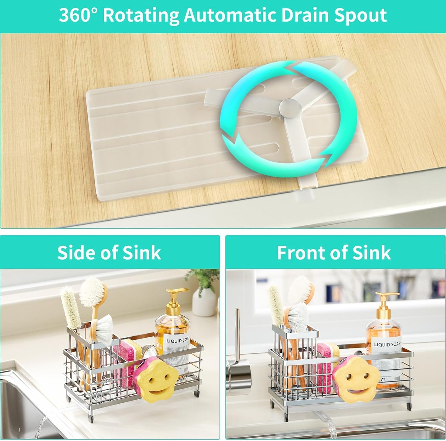 HapiRm Sponge Holder for Kitchen Sink - Self-draining Sink Caddy with Smiley Face and Brush Holder