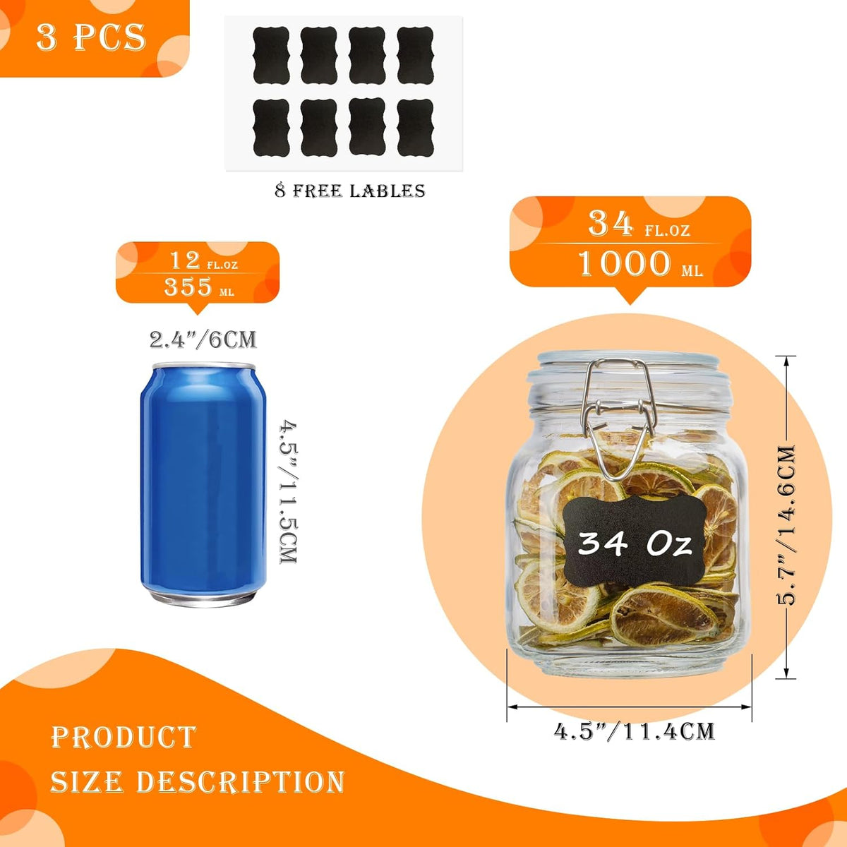 34oz Square Glass Food Storage Jars with Airtight Clamp Lids, 3 Pack Large Kitchen Canisters for