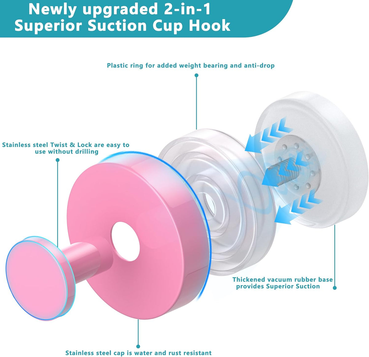 Suction Cup Hooks for Shower,Removable No Drill Towel Hooks,Upgraded 15 lbs Strong Suction hooks