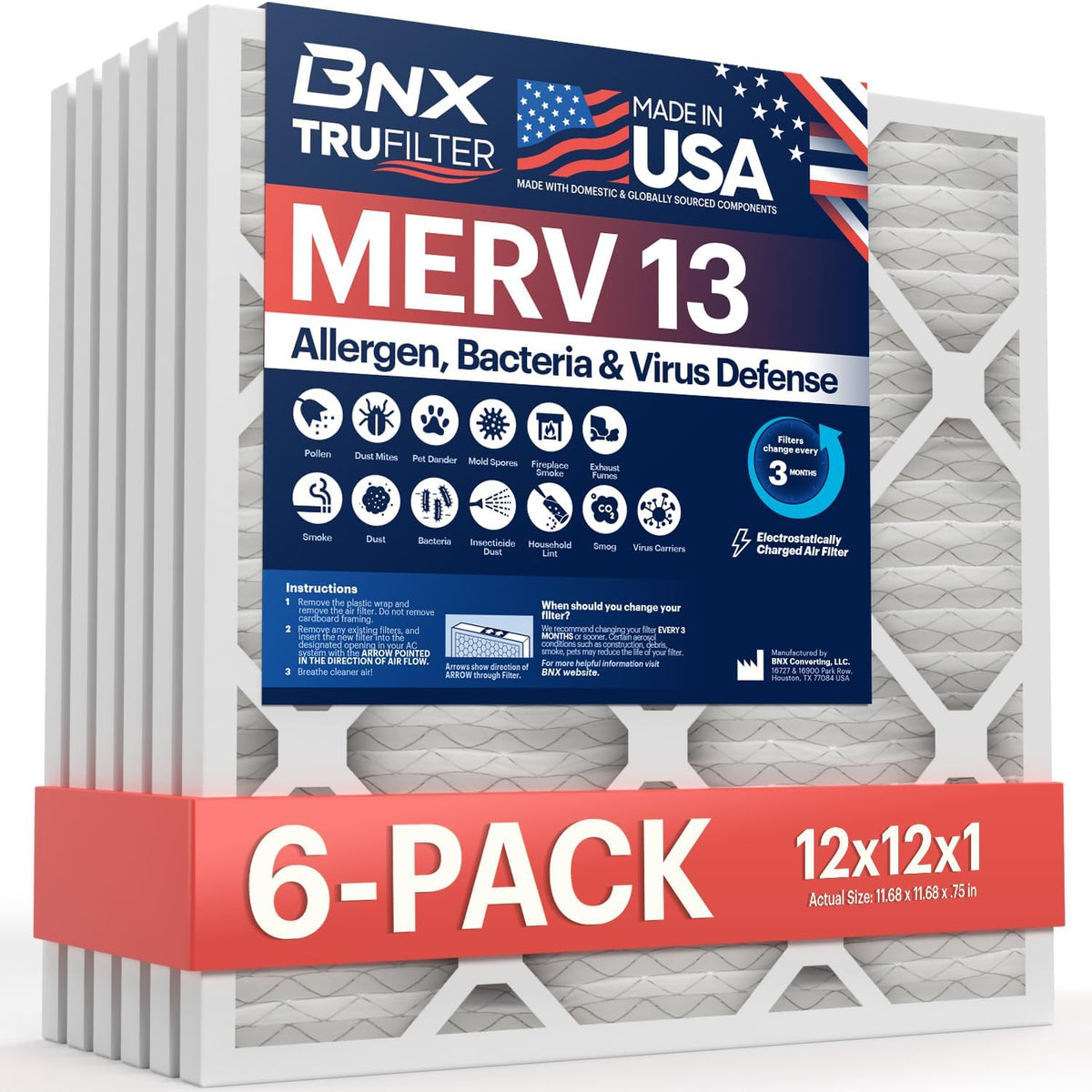 BNX TruFilter 12x12x1 Air Filter MERV 13 (6-Pack) - MADE IN USA - Electrostatic Pleated Air