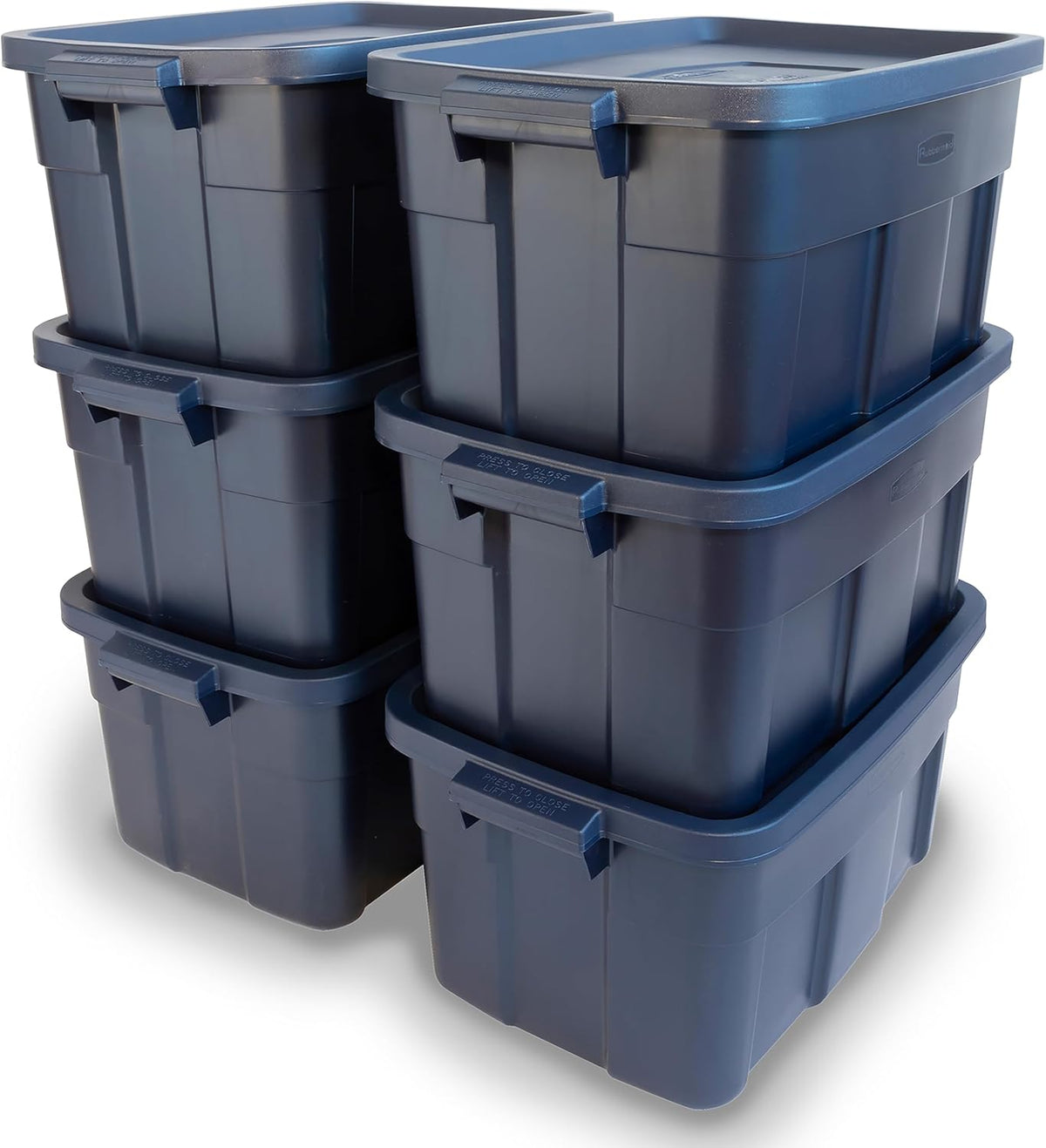 Rubbermaid Roughneck Tote 14 Gal, 6 Pack, Made in USA, Dark Indigo Metallic, Rugged Plastic