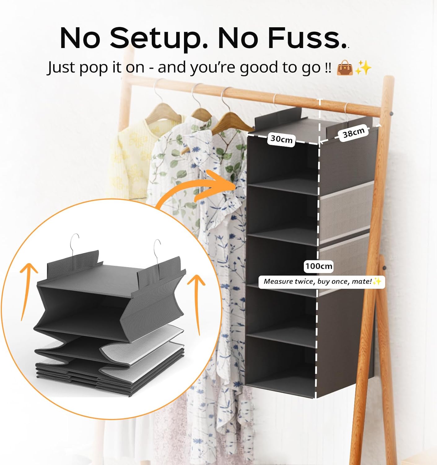 Deep Hanging Closet Organizers and Storage, Closet Hanging Storage Shelves with 5 Shelves and 4
