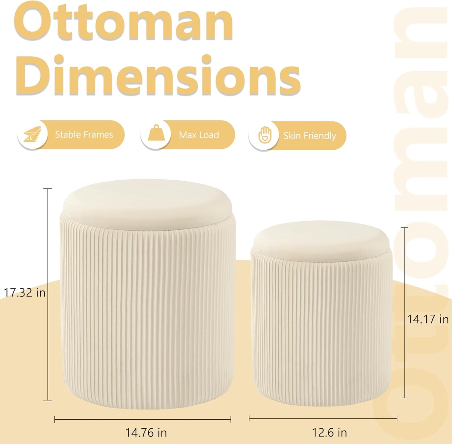 Round Ottoman with Storage Set of 2,Vanity Stool with Storage for Bedroom, Ottoman Coffee