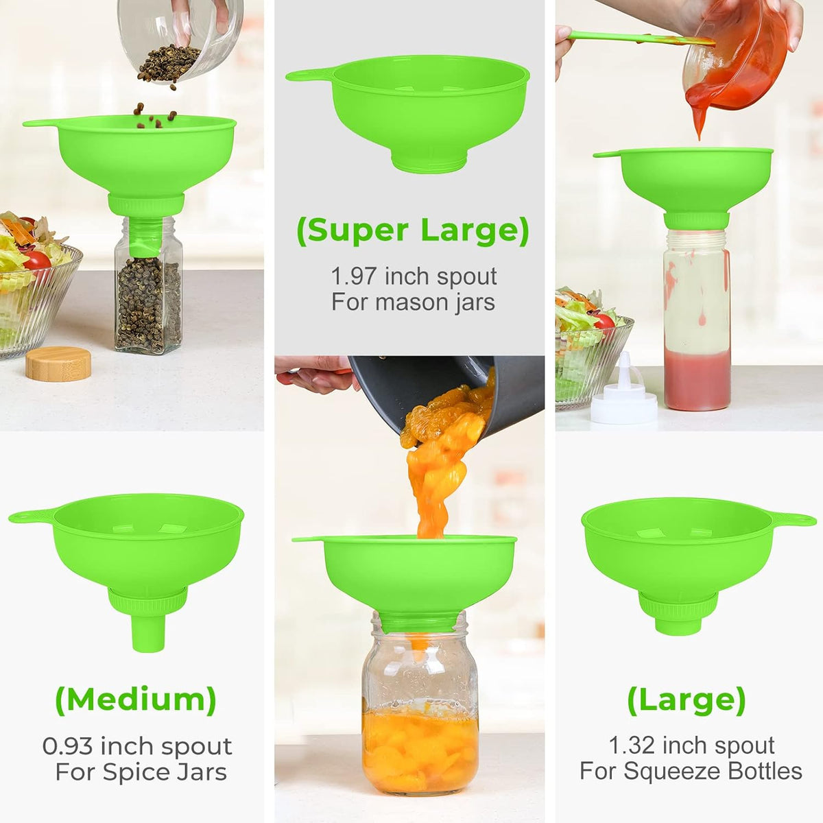 Wide Mouth Kitchen Funnel, Food Grade Plastic Cooking Canning Funnel with 4 Sizes Spouts for