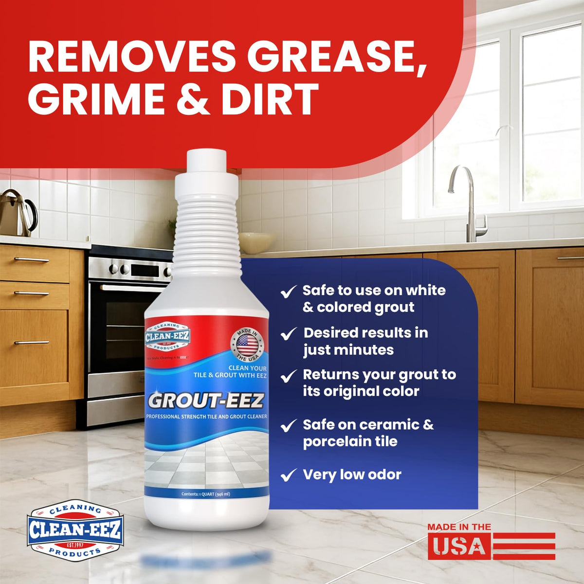 Clean-eez Grout-eez Super Heavy-Duty Grout Cleaner - Powerful Tile and Floor Stain Remover for