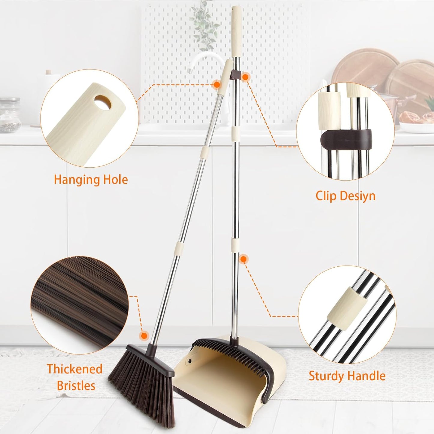 Broom and Dustpan Set, Dustpan Combo with 51" Stainless Steel Long Handle Brooms with 5-Layer Soft