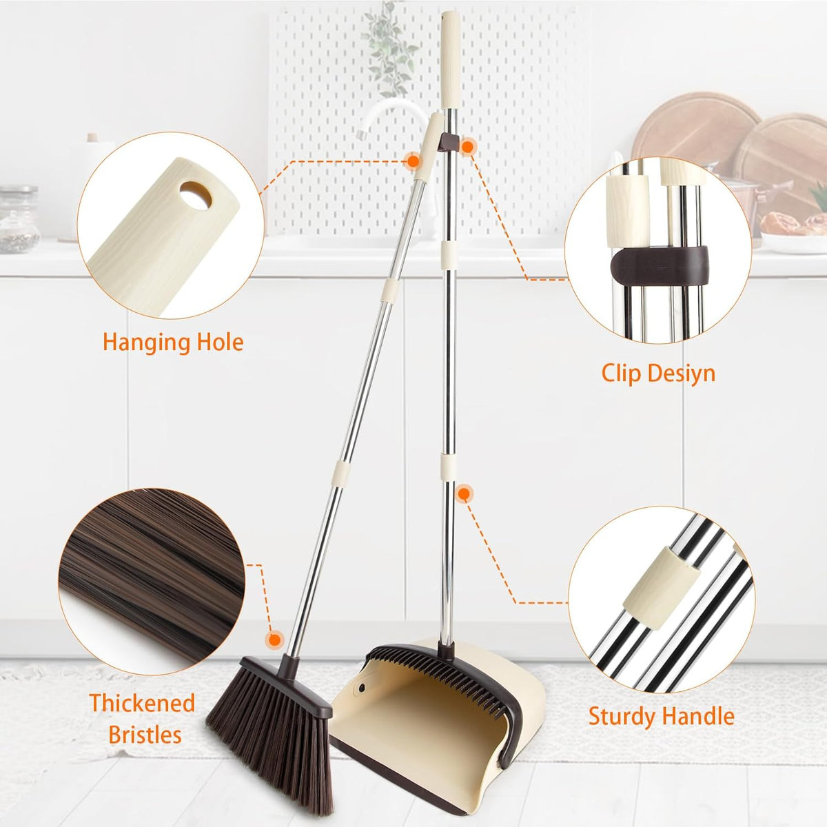 Broom and Dustpan Set, Dustpan Combo with 51" Stainless Steel Long Handle Brooms with 5-Layer Soft