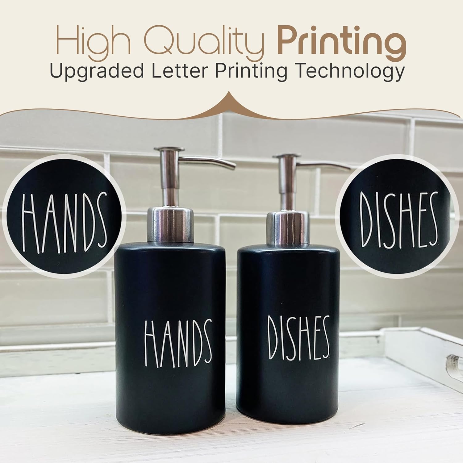 Modern Farmhouse Ceramic Dishes and Hands Soap Dispenser Set for Kitchen | Stainless Steel Pumps |