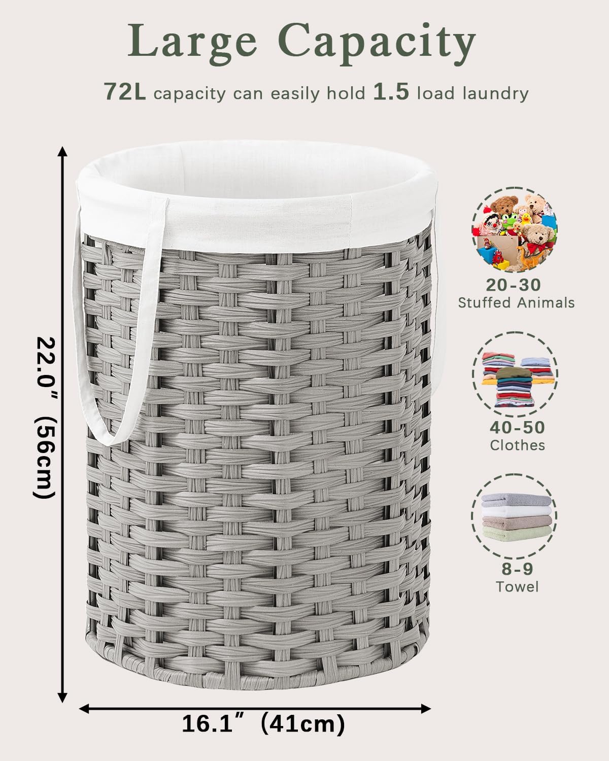 Laundry Hamper Laundry Basket Round 19.0 Gal (72 L) Handwoven Rattan Laundry Basket, Large Wicker
