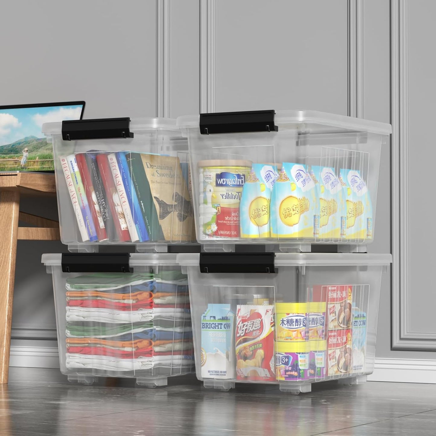 Zopnny 30 Quart Plastic Stacker Box, Large Storage Bin Container with Latching Lids and Wheels for