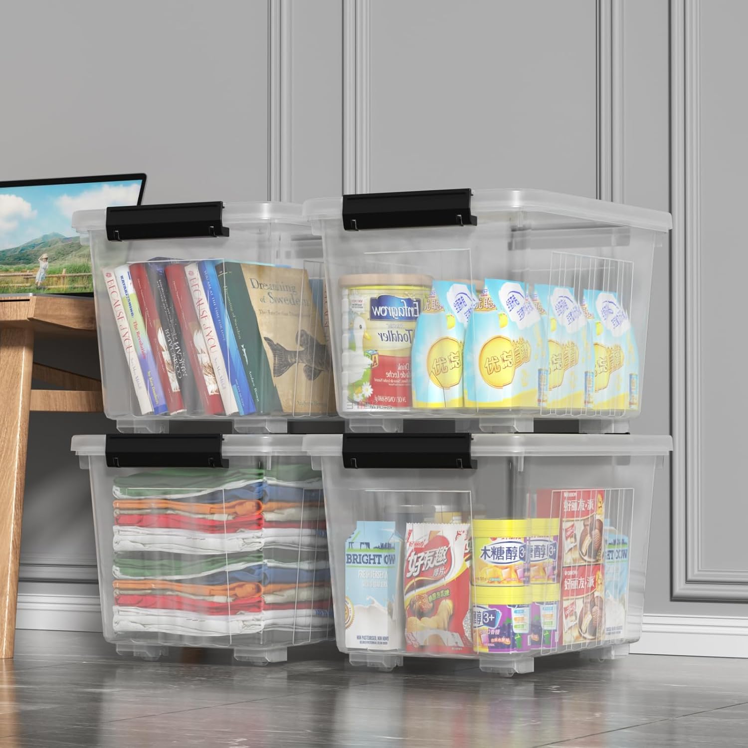 Zopnny 30 Quart Plastic Stacker Box, Large Storage Bin Container with Latching Lids and Wheels for