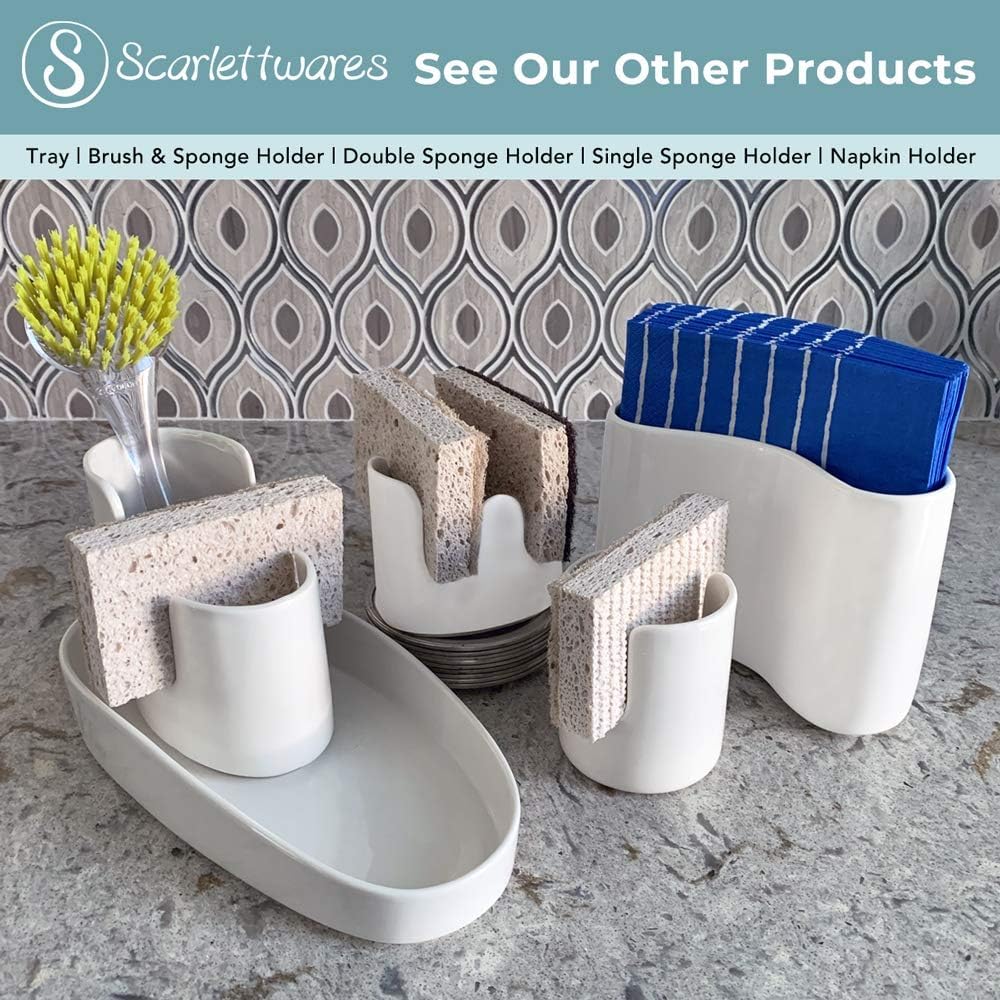 Kitchen Sink Caddy Dish Sponge Holder and Scrub Brush Dish Wand Holder Ceramic White Farmhouse
