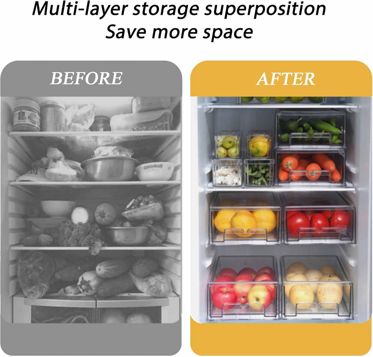 bealy 2 Pack Stackable Clear Storage Drawer,Refrigerator Organizers and Storage Drawer Pull Out