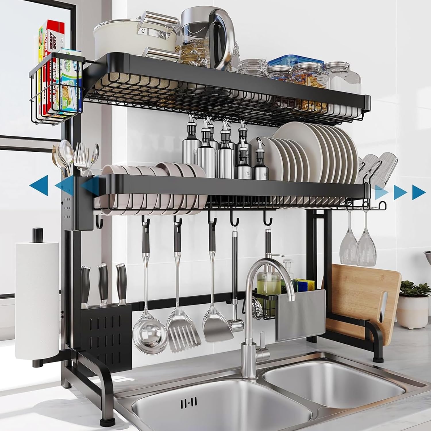 Over The Sink Dish Drying Rack,3 Tier Adjustable Length Full Stainless Steel Large Storage Kitchen