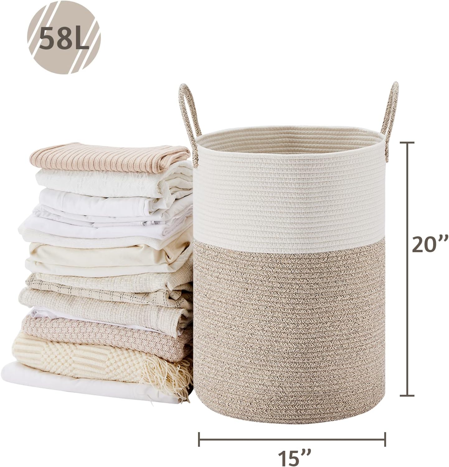 VIPOSCO Large Laundry Hamper, Tall Woven Rope Storage Basket for Blanket, Toys, Dirty Clothes in