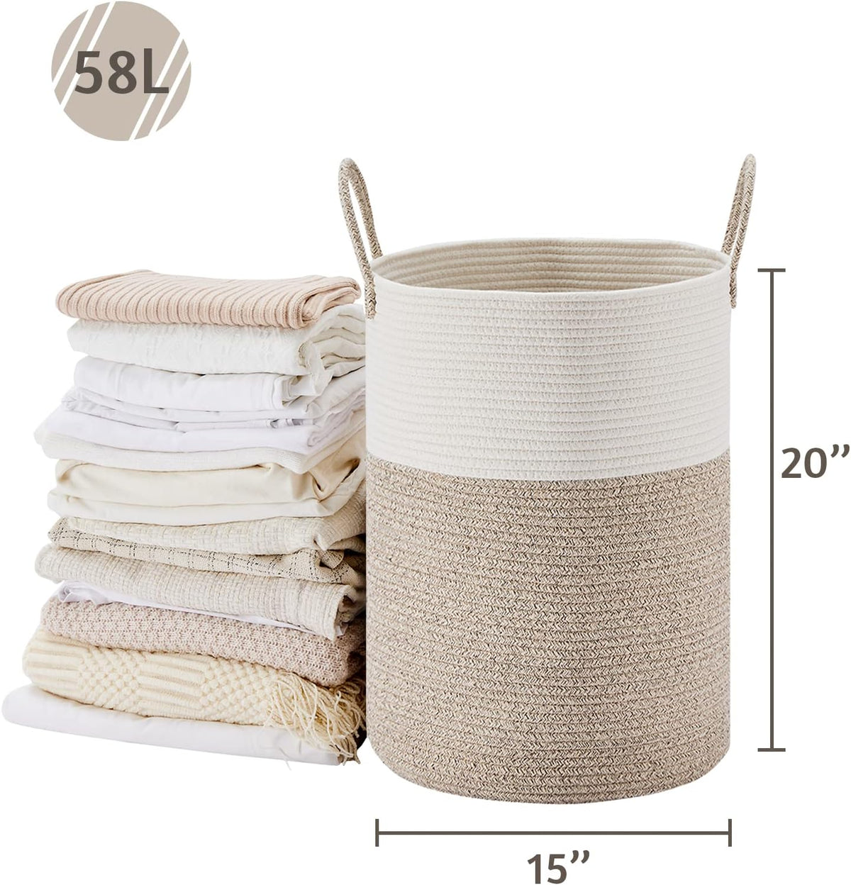 VIPOSCO Large Laundry Hamper, Tall Woven Rope Storage Basket for Blanket, Toys, Dirty Clothes in