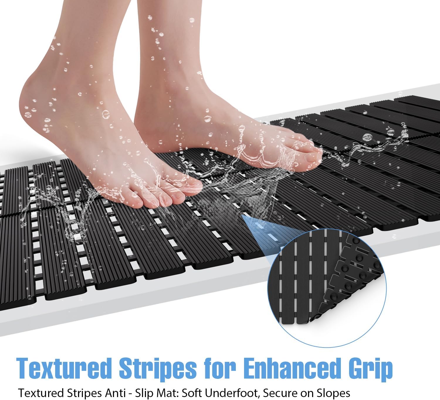 Shower Mat Non-Slip Bath Mat for Tub Floor & Stall with 200+ Suction Cups & Drain Holes, Quick Dry