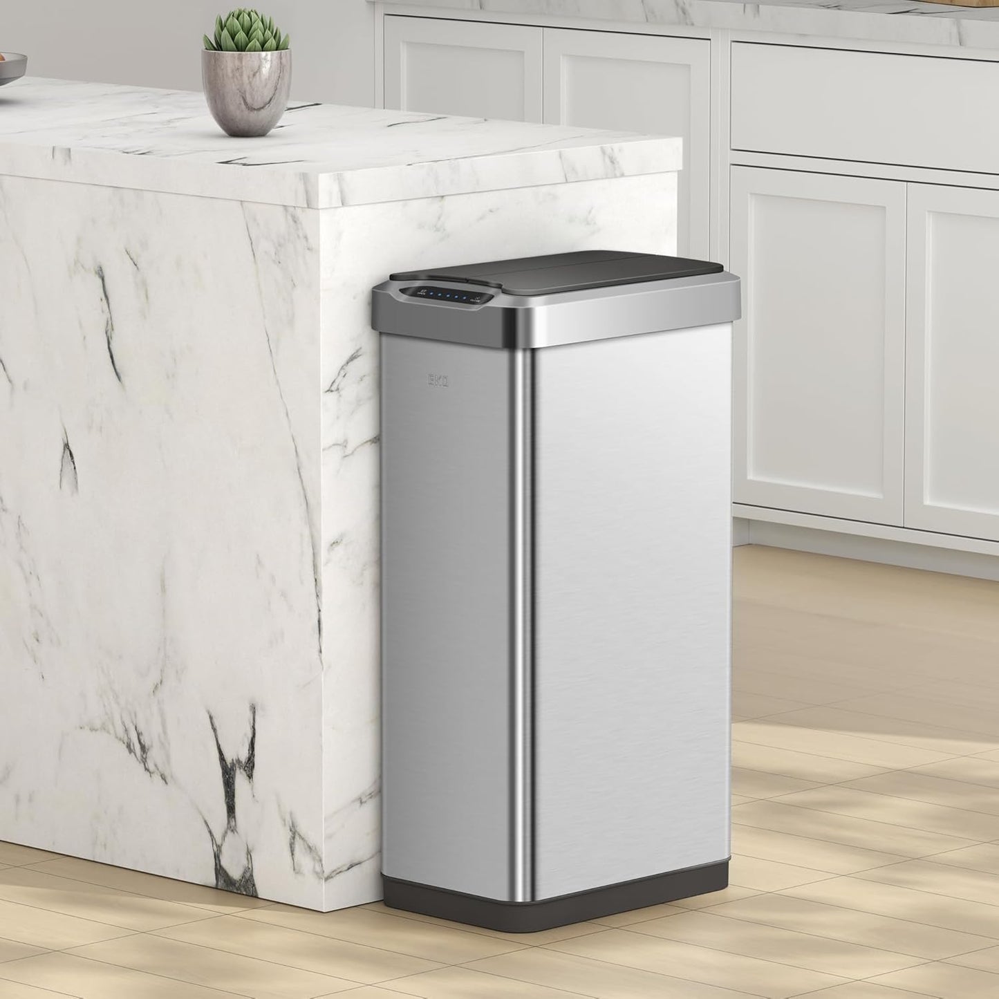 EKO Phantom-T 50 Liter / 13.2 Gallon Vertical Motion Sensor Trash Can, Brushed Stainless Steel