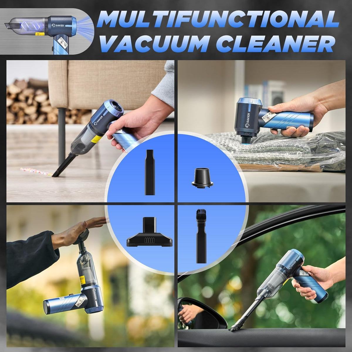 Saker Portable Car Vacuum Cleaner Cordless High Power 17000PA 3 in 1 Foldable Handheld Vacuum