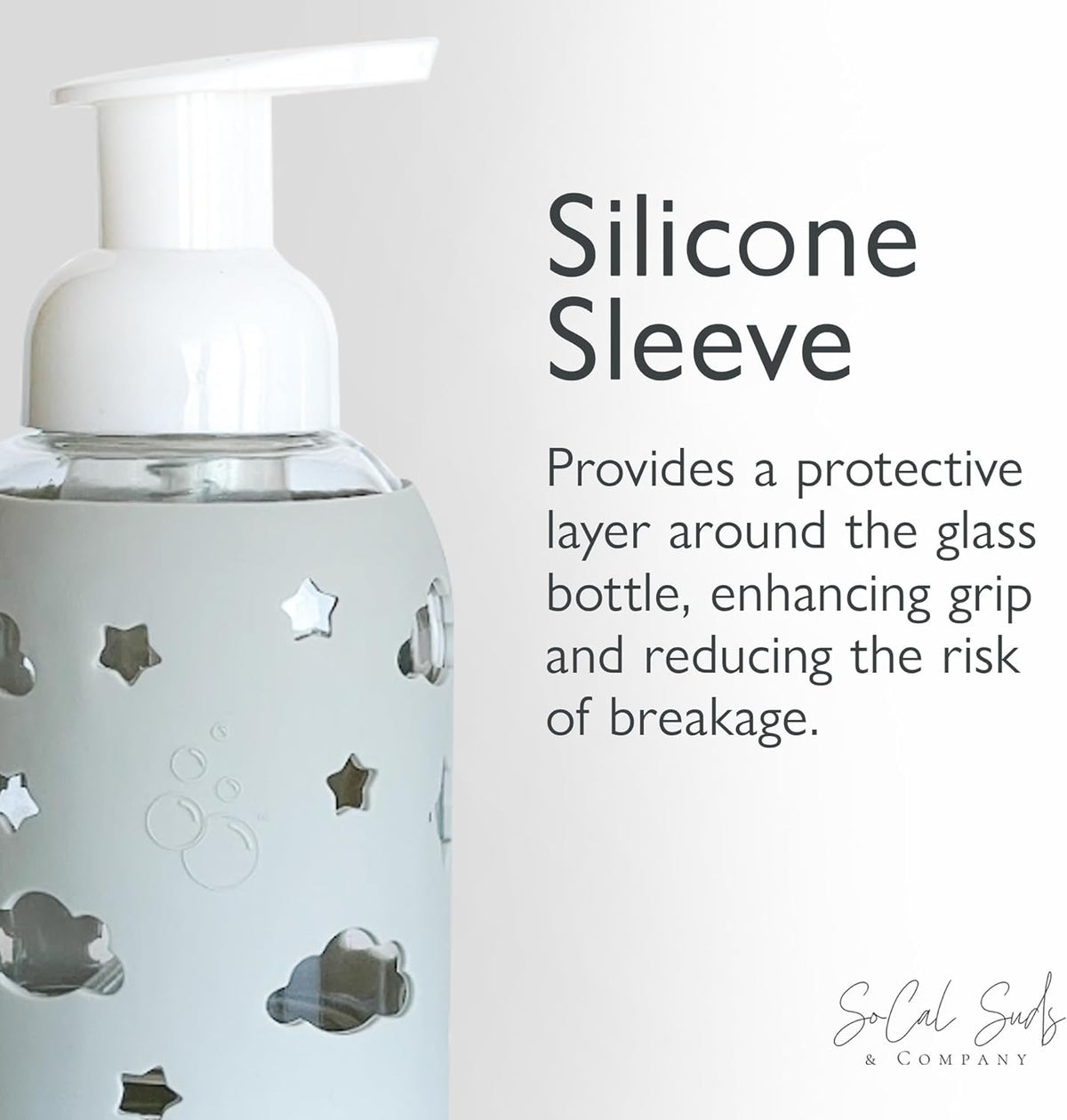 SoCal Suds & Company Glass Foaming Hand Soap Dispenser, Soft Grip Silicone Sleeve, Refillable Pump