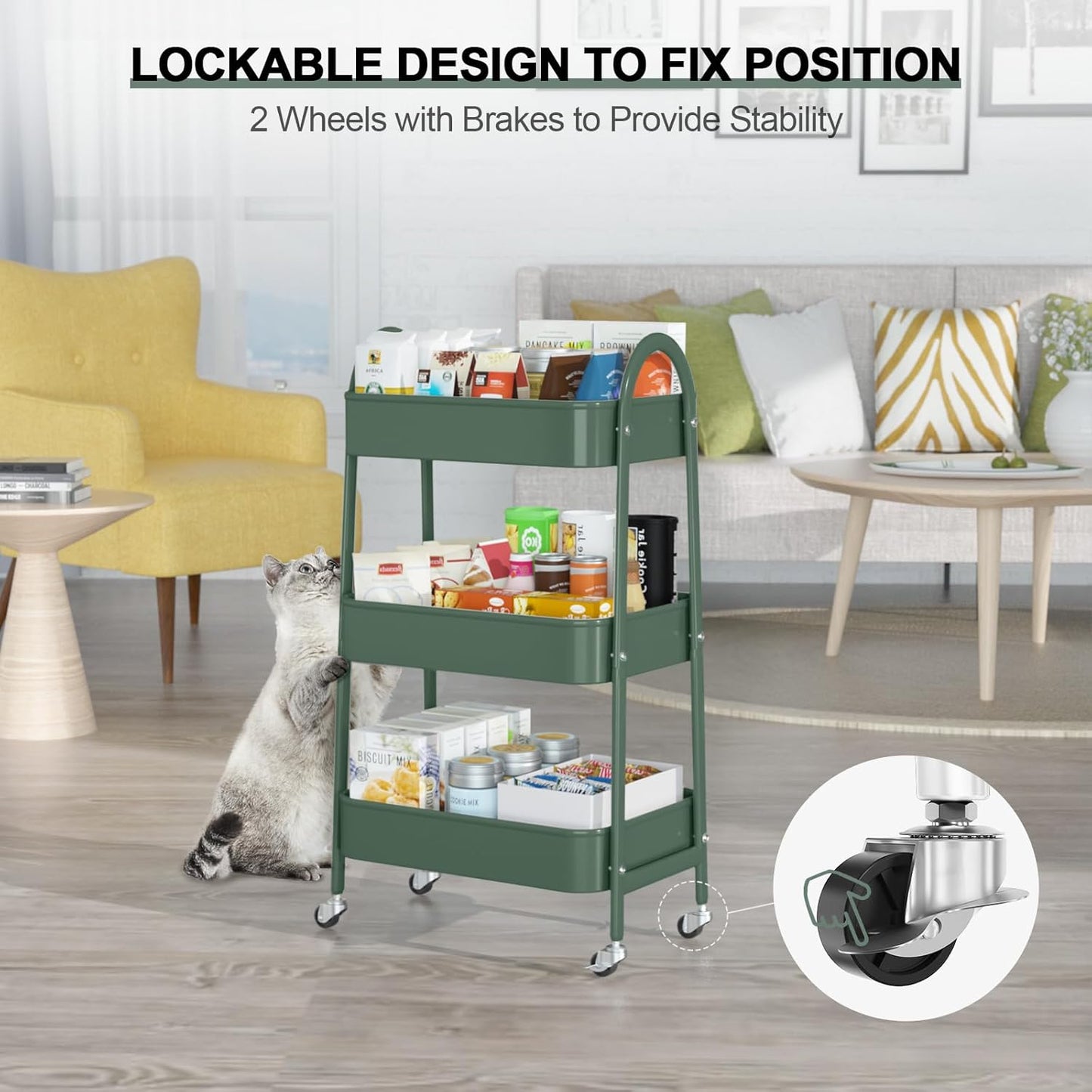 EAGMAK 3 Tier Utility Rolling Cart, Metal Storage Cart with Handle and Lockable Wheels