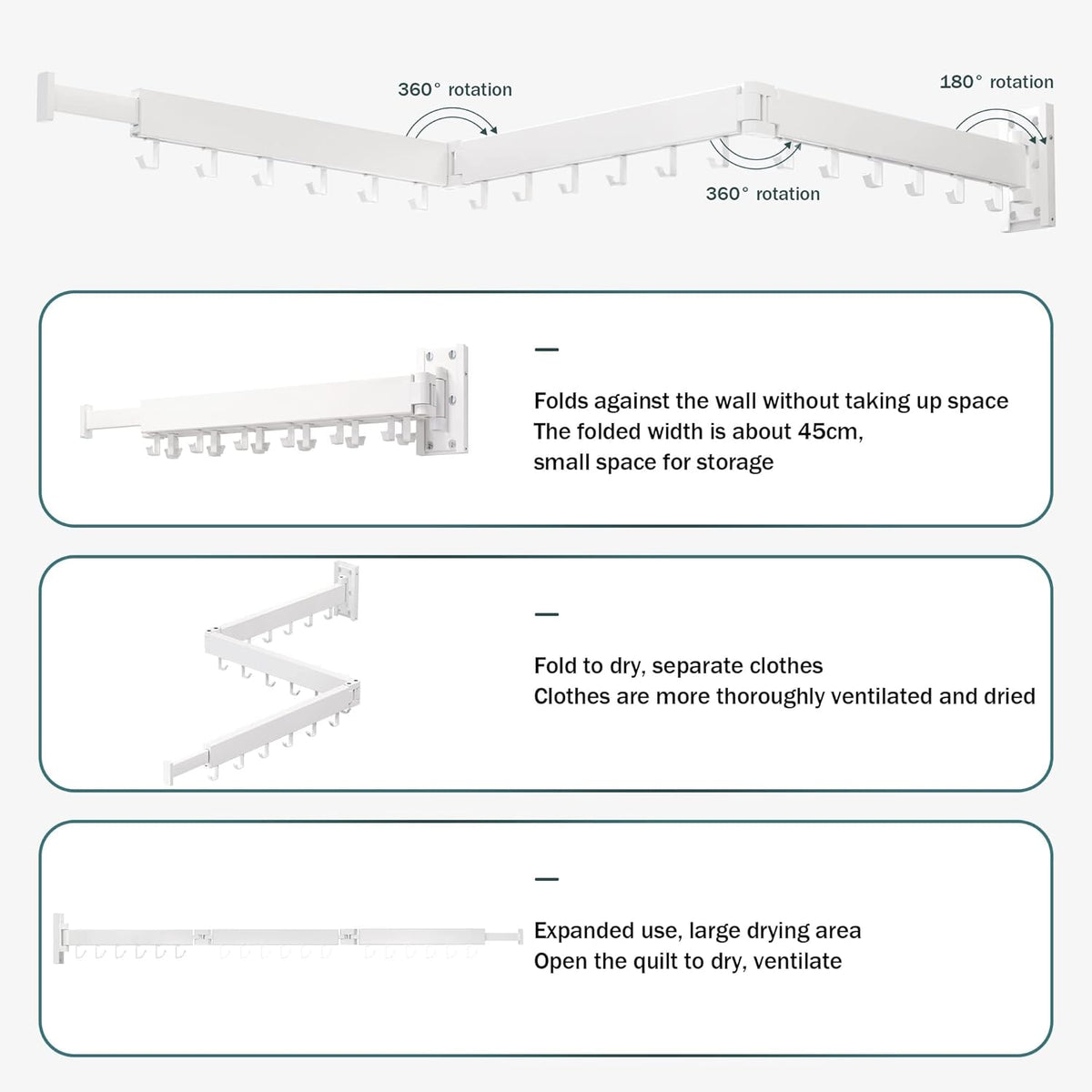 Wall Mounted Clothes Drying Rack, Collapsible, Folding, Retractable - Clothes Hanging Rack (Hooks
