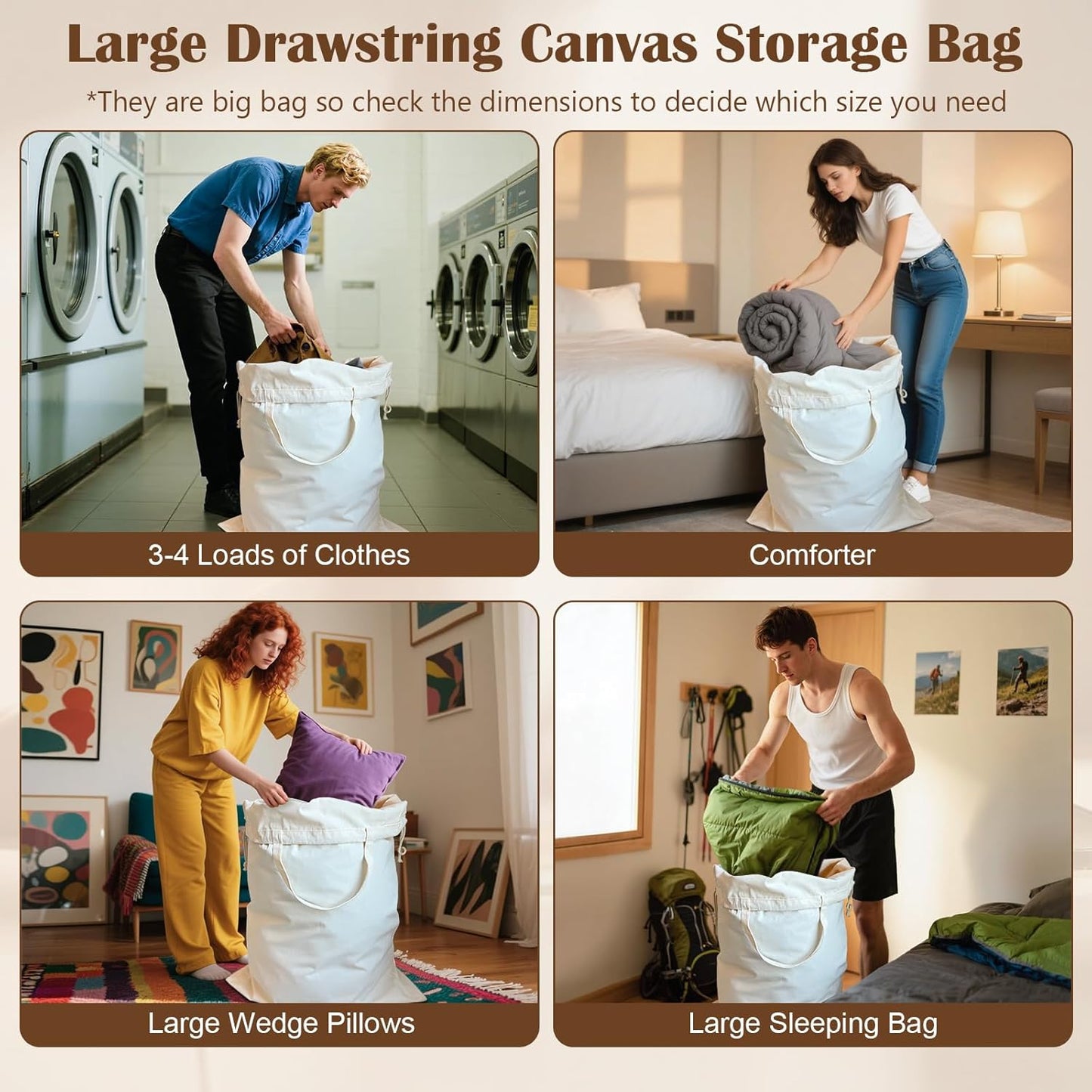 Canvas Laundry Bag 33"x 35", Thick Cotton Laundry Bag with Handles & Drawstring, Extra Large Heavy